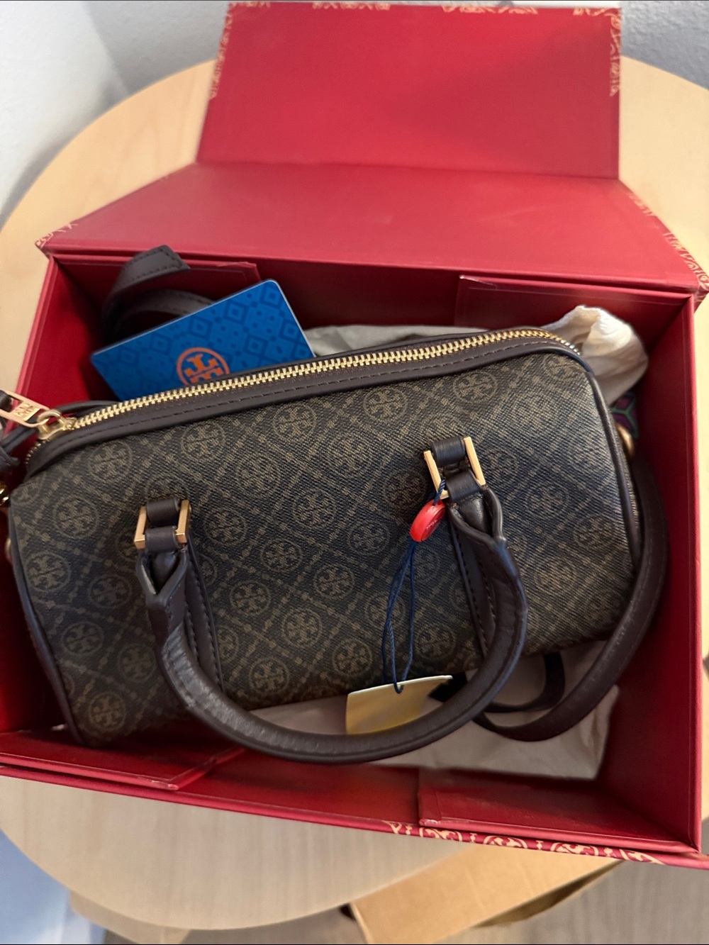 Tory Burch Brown Monogram Mini Dome Satchel with Gold Hardware